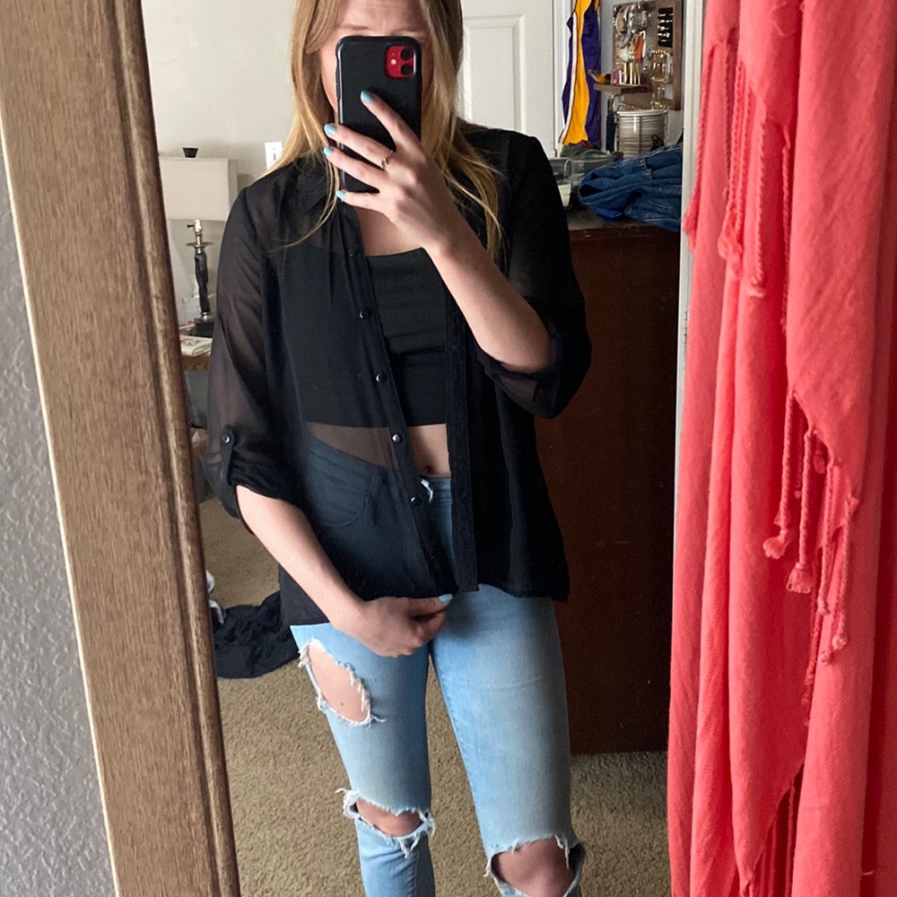 Ladies sheer button up see through shirt